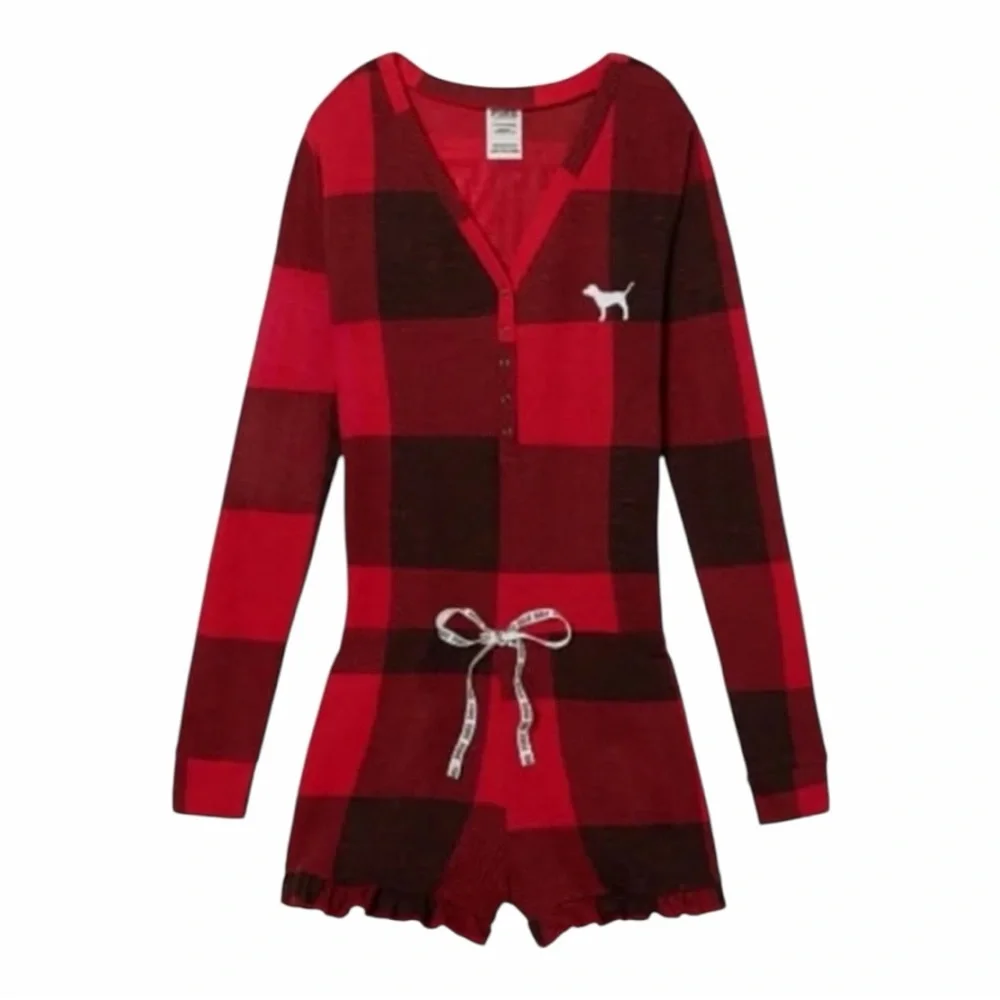 Victoria’s Secret PINK Buffalo Plaid Thermal Sleepwear Romper. Size Medium. - Picture 2 of 11